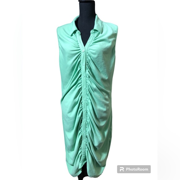 Sleeveless Ruched Front Button Mint Green Polo Tank Dress Plus Size 3X - Picture 1 of 6